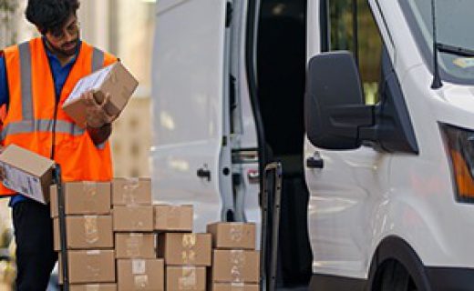A medium wide shot of a young, Indian delivery person examining boxes in front of a dolly cart next to his van.
